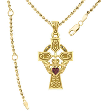 Celtic Cross and Irish Claddagh Yellow Gold Pendant with Heart Gemstone GPD5340 - Jewelry